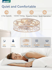 Caged Ceiling Fans with Lights, White Flush Mount Ceiling Fan with