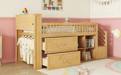 Twin Size Loft Bed with LED and Bookshelf, Wood Low Loft Bed with