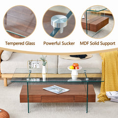 Modern Two-Tier Coffee Table with Drawer - Clear Tempered Glass &