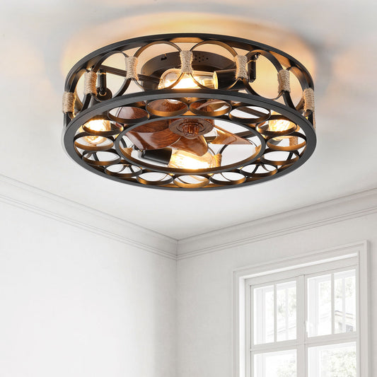 Caged Ceiling Fan with Lights Remote Control, Low Profile Flush Mount