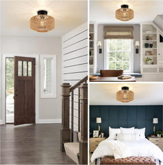 Boho Light Fixtures Ceiling Mount,Mini Rattan Chandelier Light Fixture