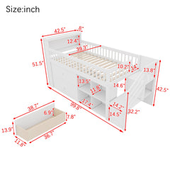 Twin Size Loft Bed with LED and Bookshelf, Wood Low Loft Bed with