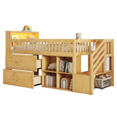 Twin Size Loft Bed with LED and Bookshelf, Wood Low Loft Bed with