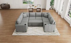 Multi-functional U-shaped Sectional Sofa Convertible Pull-out Bed Gray
