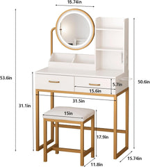 White Vanity Round Mirror, Lights, Charging, Small Bedroom
