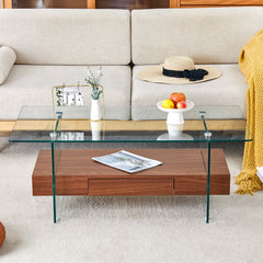 Modern Two-Tier Coffee Table with Drawer - Clear Tempered Glass &