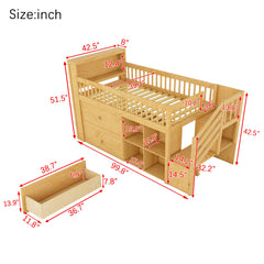 Twin Size Loft Bed with LED and Bookshelf, Wood Low Loft Bed with