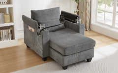 Convertible Chaise Lounge Sofa Chair Corduroy Sleeper with USB Ports,