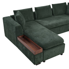 Elegant Chenille L-Shaped Sofa with Wooden Storage Compartment, Green,