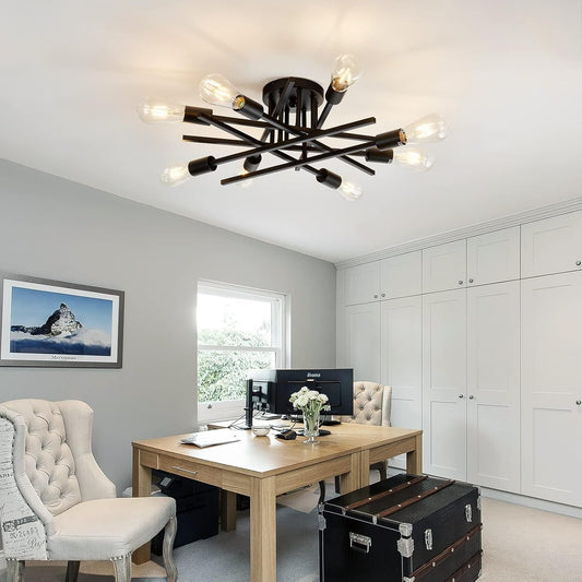 8-Lights Semi Flush Mount Ceiling Light Fixture，Modern Black Vintage