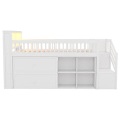 Twin Size Loft Bed with LED and Bookshelf, Wood Low Loft Bed with