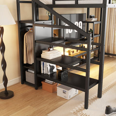 Full Size Metal Loft Bed with TV Stand, Metal Loft Bed with Staircase