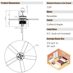 50 Inches Ceiling Fan with Lights Reversible Blades and Pull Chain