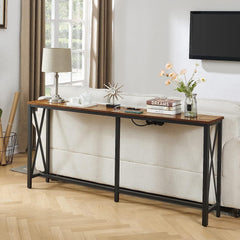 Vintage Brown Console Table with Power Ports