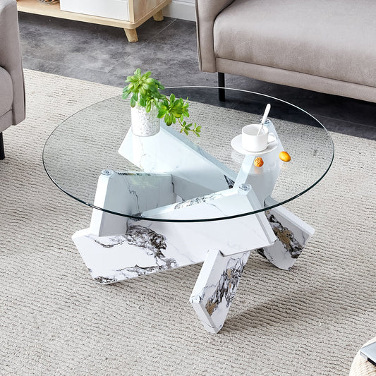 Modern Round Glass Coffee Table with Tempered Glass Countertop and