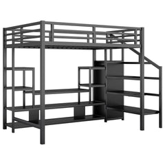 Full Size Metal Loft Bed with TV Stand, Metal Loft Bed with Staircase