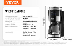 Succebuy Coffee Maker with Grinder Grind and Brew Coffee Maker Adjustable Grinding Coarseness for Home Office Restaurant