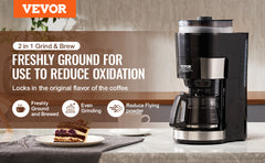 Succebuy Coffee Maker with Grinder Grind and Brew Coffee Maker Adjustable Grinding Coarseness for Home Office Restaurant