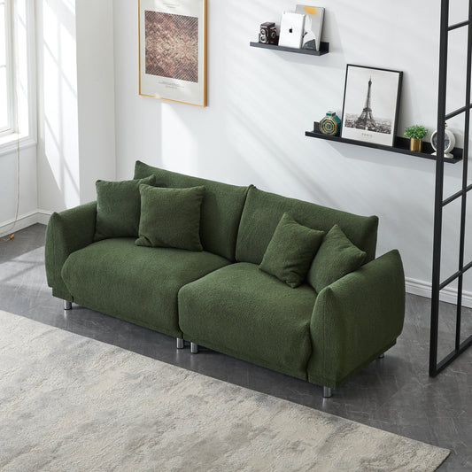 86.6 inch teddy fleece green sofa with four throw pillows and hardware