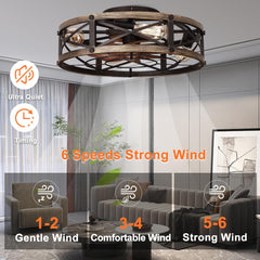 Farmhouse Flush Mount Caged Ceiling Fans with Lights, 6 Speeds, Rustic