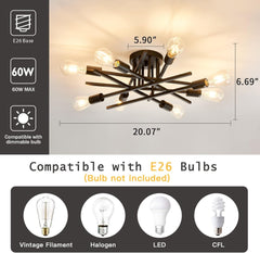 8-Lights Semi Flush Mount Ceiling Light Fixture，Modern Black Vintage