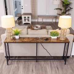 Vintage Brown Console Table with Power Ports
