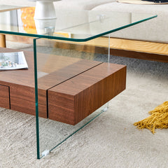 Modern Two-Tier Coffee Table with Drawer - Clear Tempered Glass &