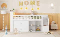 Twin Size Loft Bed with LED and Bookshelf, Wood Low Loft Bed with