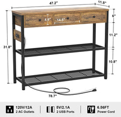 Rustic Console Table with Outlets and Drawers