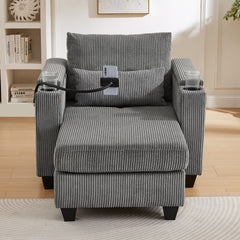 Convertible Chaise Lounge Sofa Chair Corduroy Sleeper with USB Ports,