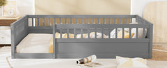 Full Floor Bed Frame with Fence, Wood Kids Floor Beds Frame for