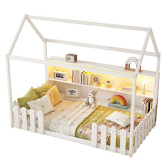 Twin Size House Bed with LED Light, Wood House Bed with Storage