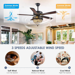 Crystal Ceiling Fan Fandelier with Lights - Modern Outdoor Fans with