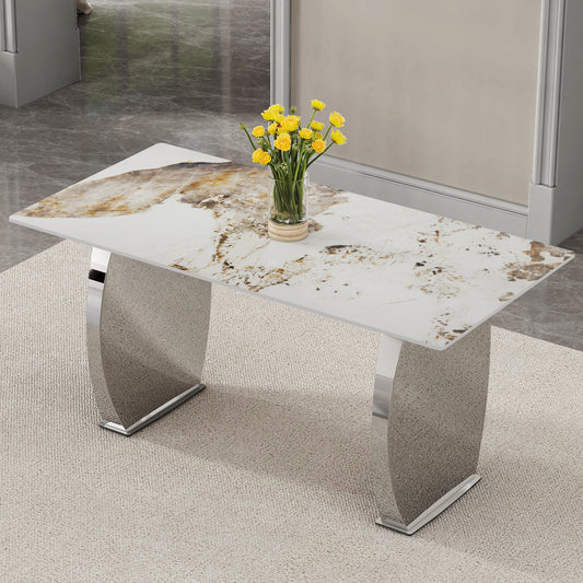 Modern rectangular dining table, imitation marble texture Sintered