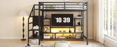 Full Size Metal Loft Bed with TV Stand, Metal Loft Bed with Staircase