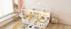 Twin Size House Bed with LED Light, Wood House Bed with Storage