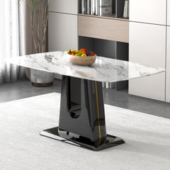 A modern, minimalist, and luxurious dining table with a white