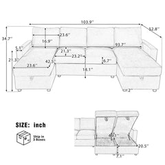 Modern Convertible Sectional Sofa with Storage Chaise Lounges and USB
