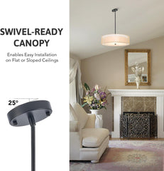 20" Black Drum Pendant Light 3-Light Fabric