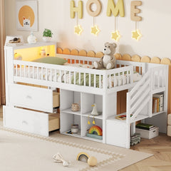 Twin Size Loft Bed with LED and Bookshelf, Wood Low Loft Bed with