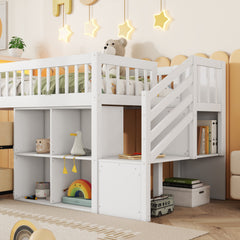Twin Size Loft Bed with LED and Bookshelf, Wood Low Loft Bed with