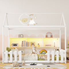 Twin Size House Bed with LED Light, Wood House Bed with Storage