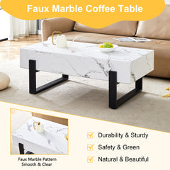 Minimalist MDF Marble-Patterned Coffee Table with Black Metal Legs,