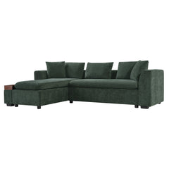 Elegant Chenille L-Shaped Sofa with Wooden Storage Compartment, Green,