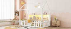 Twin Size House Bed with LED Light, Wood House Bed with Storage