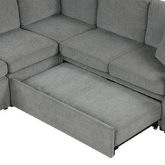 Multi-functional U-shaped Sectional Sofa Convertible Pull-out Bed Gray