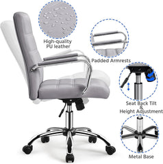 Mid-Back Office Chair with Arms Swivel PU Leather Height Adjustable