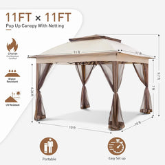 11x11 Pop Up Gazebo Mosquito Netting Beige