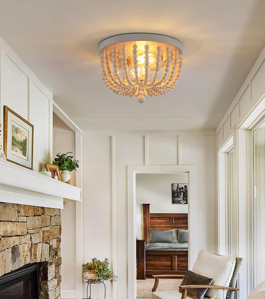Boho Chandelier Wood Beaded Flush Mount Ceiling Light Fixtures for