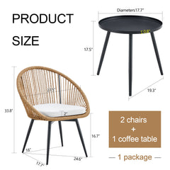 Modern 3-Piece Set: 17.7' Anti-Spill Round Coffee Table + 2 Rattan